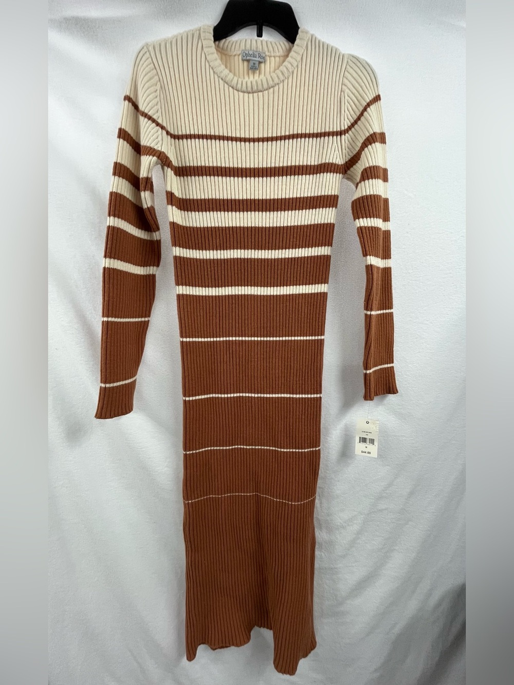 Ophelia Roe Ribbed Striped Long Sleeve Knit Dress in Cream and Brown